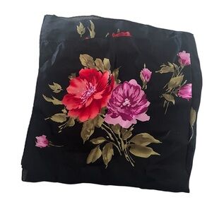 Black Floral Silk Scarf with Pink and Red Blooms